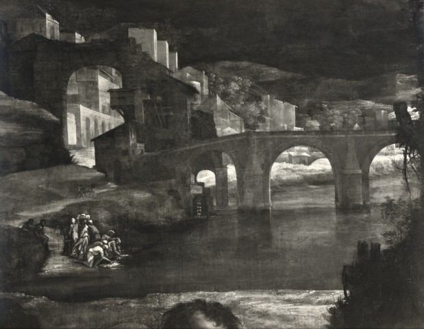 National Gallery, London — Luciani Sebastiano - sec. XVI - Resurrezione di Lazzaro: paesaggio fluviale con ponte — particolare, dopo il restauro